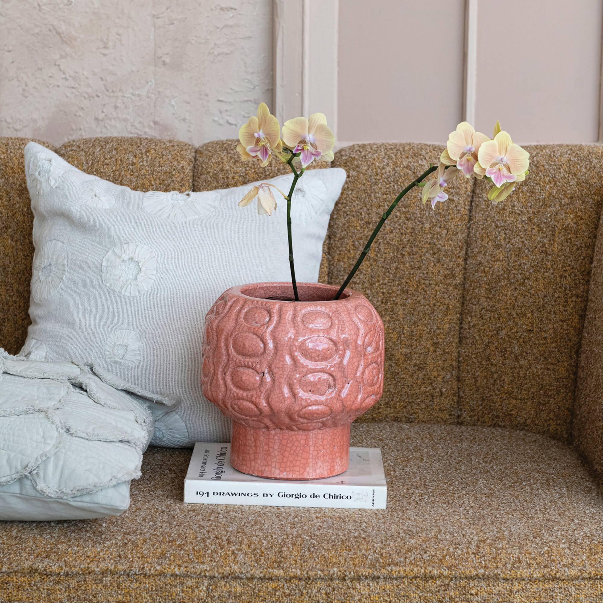 Hello Honey® 9" Coral Crackle Glaze Embossed Terra Cotta Footed Vase Planter